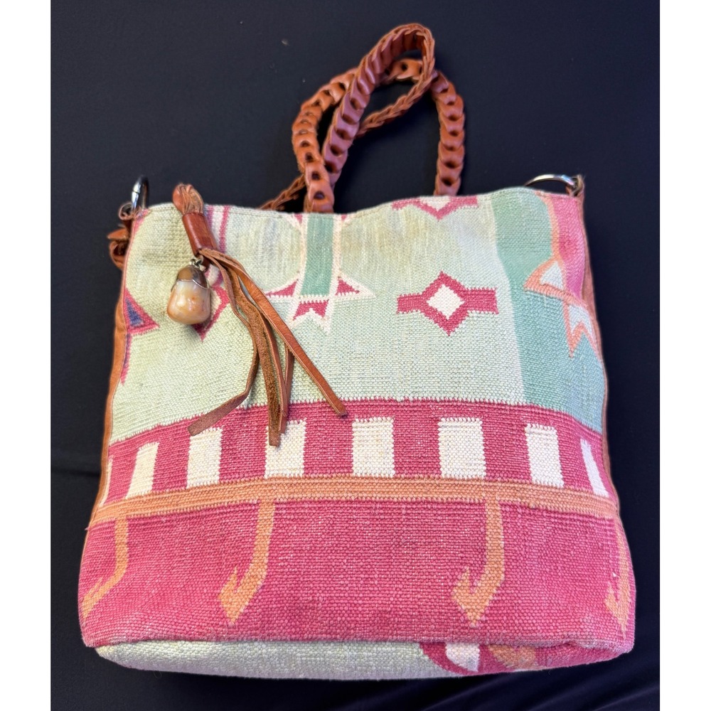 Vintage Marco Avane Dhurrie Southwestern Kilim Tapestry Leather Crossbody Bag